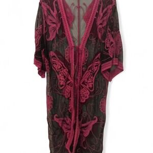 Butterfly Lace Kimono Cardigan Cover Up Sheer Black Pink